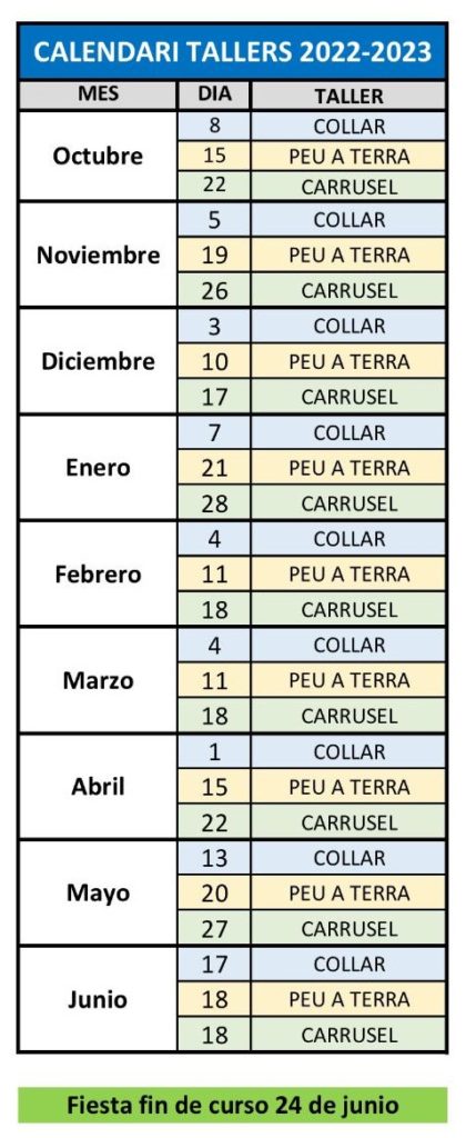 Calendario Talleres S'Hort Vell 2022-2023